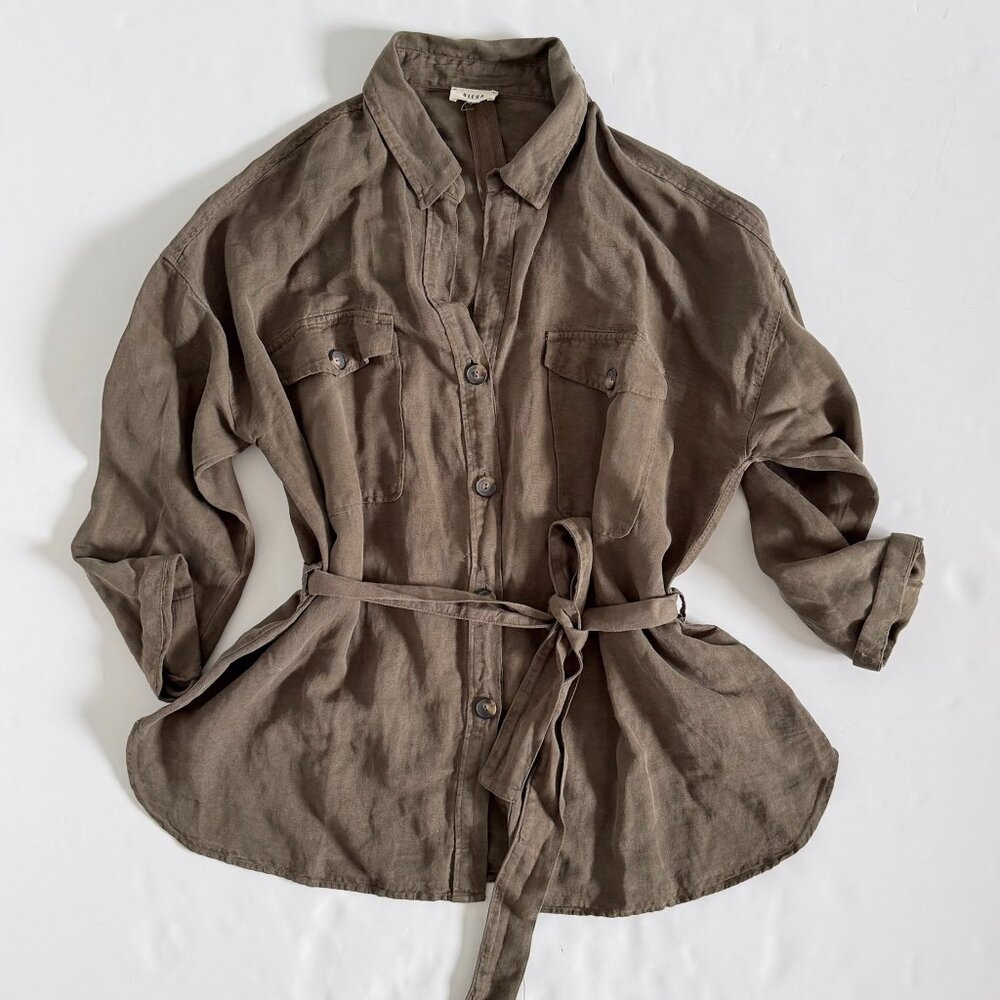 Diega Women's Top LARGE Button Down Belted Olive Green Pockets Tencel/Linen